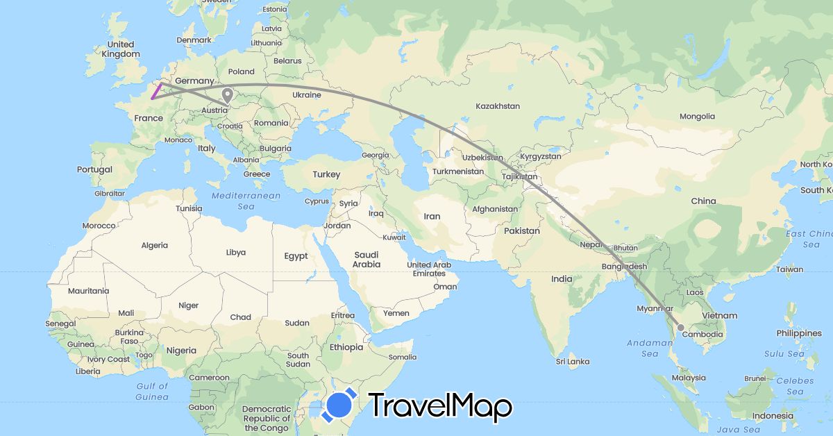 TravelMap itinerary: plane, train in Austria, Belgium, France, Thailand (Asia, Europe)